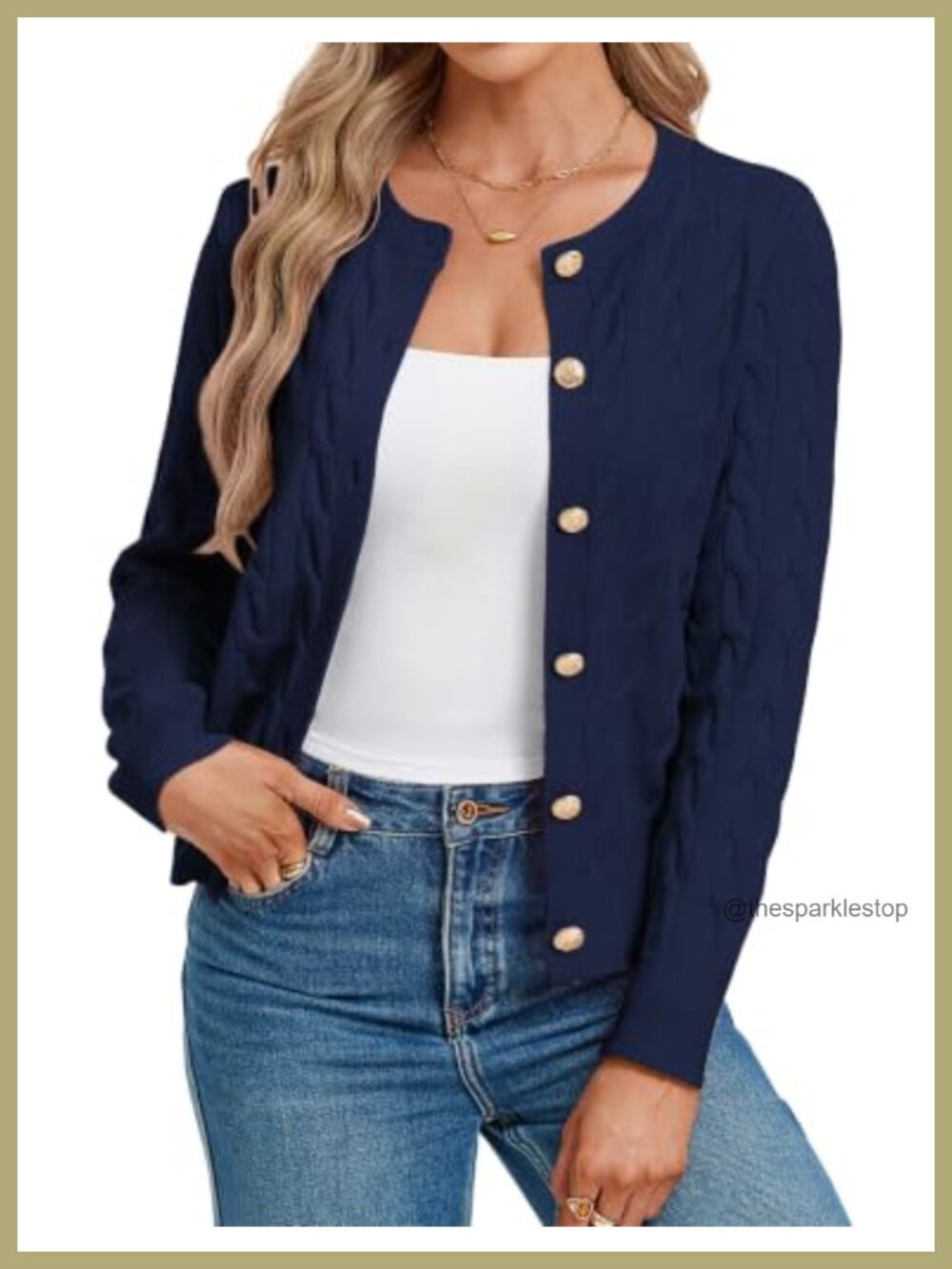 Women's Button Up Cable Knit Cardigan Crew Neck Long Sleeve Soft Knit Sweater